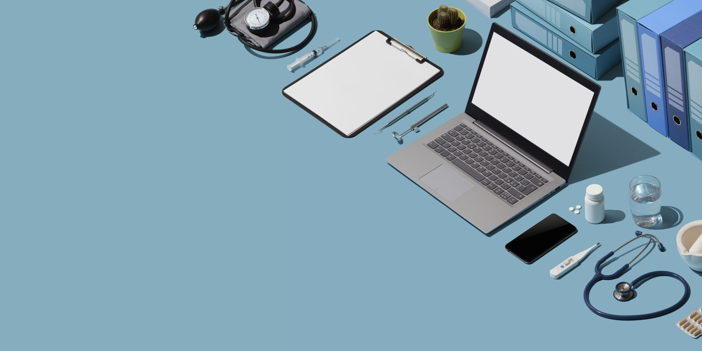 Doctor desktop with medical equipment