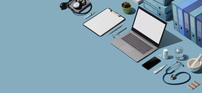 Doctor desktop with medical equipment